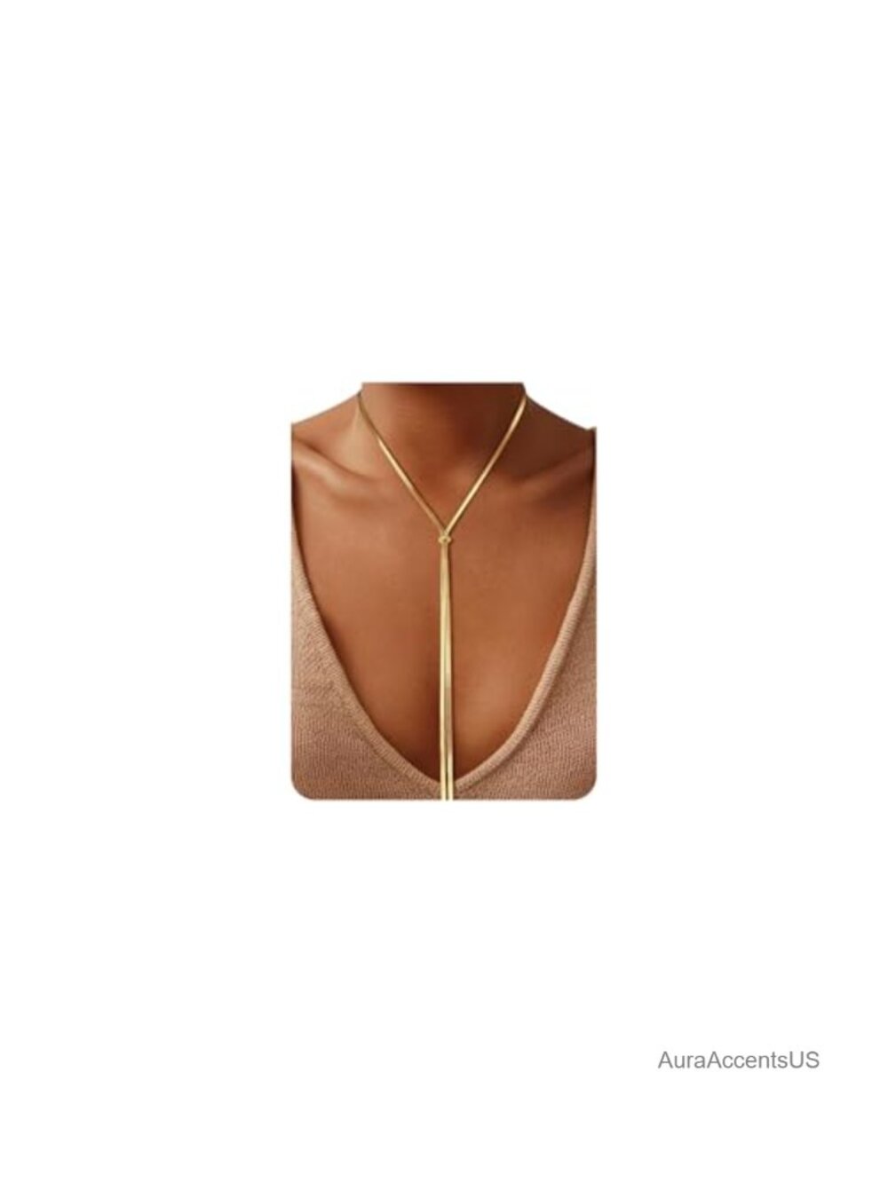 14K Gold Plated Waterproof Long Y Necklace for Women, Adjustable Lariat Tie